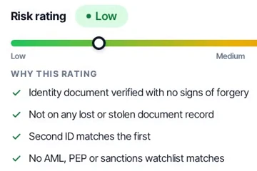 The risk rating from the clip: Low, and why this rating: identity document verified with no signs of forgery, not on any lost or stolen document record, second ID matches the first, no AML, PEP or sanctions watchlist matches.